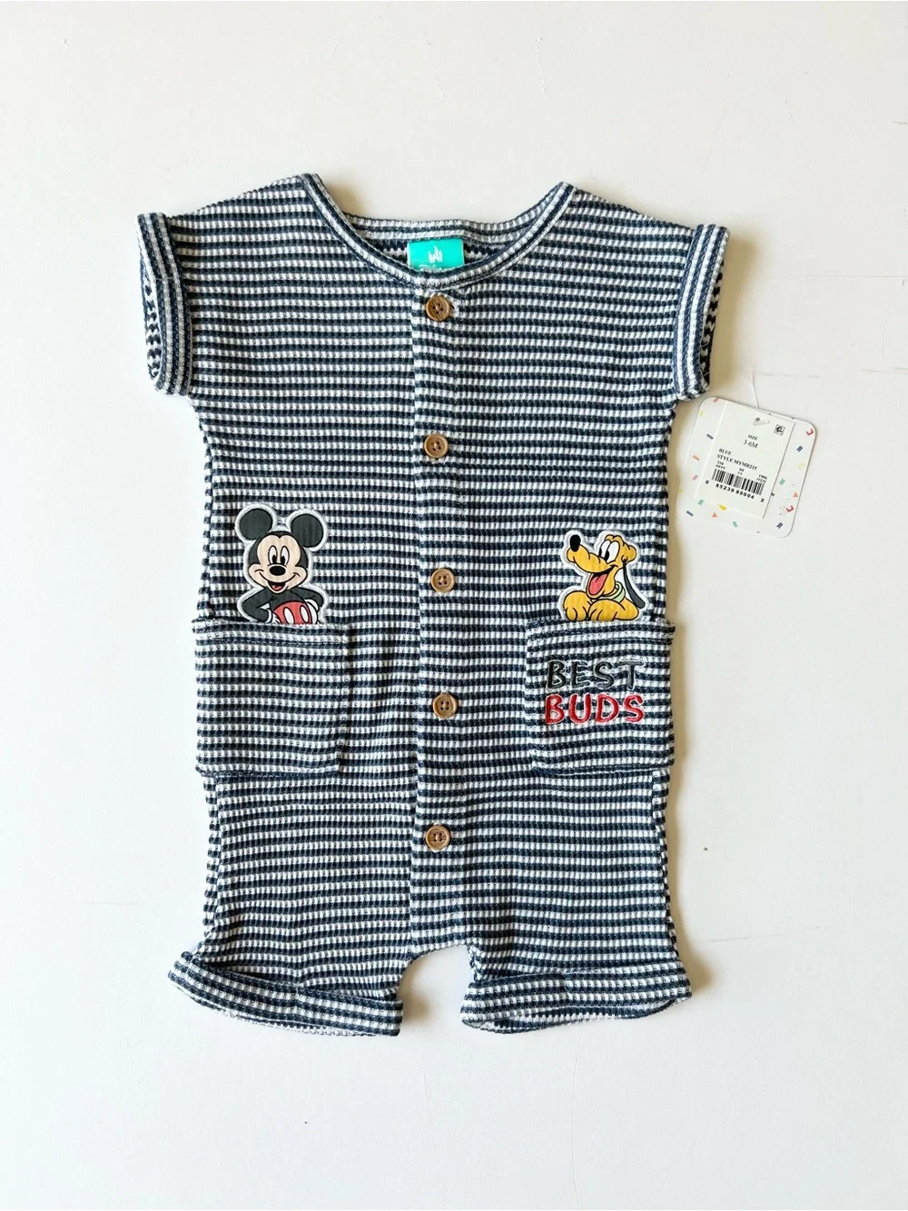 Disney Romper Baby Boy Size 3-6mon Blue and White Striped Mickey Mouse and Pluto